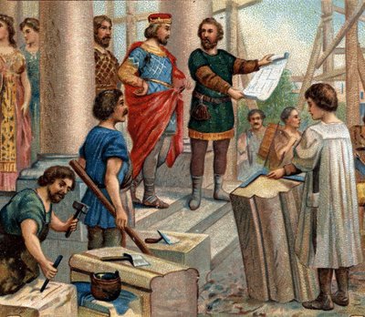 Historical episodes of famous cities: Clovis elects Paris as permanent residence (in 508). Chromolithography of the 19th century by Unknown artist