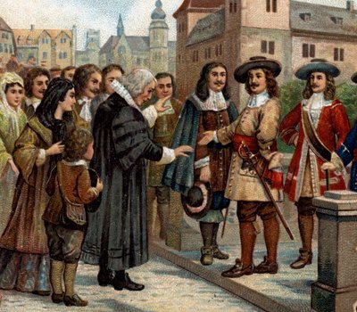 Historical episodes of famous cities: The Grand Elector, Frederic William I of Brandenburg (1620-1688), received French emigrants in Berlin (1685). He welcomed French Protestants who, following the revocation of the Nantes Edit, had abandoned France by Unknown artist