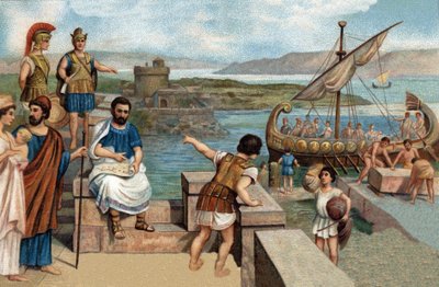 Historical Episodes of Famous Cities: The Megareans Founded Byzantium (667 BC) on the Western Bank of the Cimmerian Bosphorus, where the Thracian Fortress of Byzas Stood - Chromolithography of the 19th Century by Unknown artist