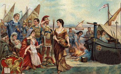 Historical Episodes of Famous Cities: Venetes Hunted by the Huns Occupy the Lagoons (in 452). It is the Foundation of Venice - Barbarian Invasions - Chromolithography of the 19th Century by Unknown artist