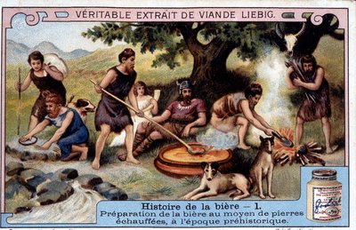 History of Beer: Preparation of Beer with Warm Stones in Prehistoric Times - Liebig Advertising Sticker by Unknown artist