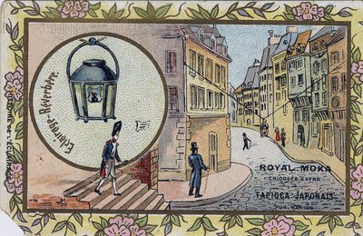 History of lighting: Lighting of street lamps. Chromolithography wrapping the Royal Moka chicoree. by Unknown artist