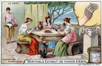 History of the glove: the fingers of the ancient Greeks - Liebig chromolithography by Unknown artist