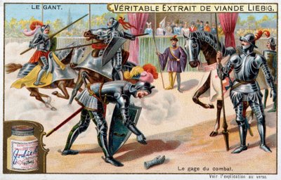 History of the glove: throwing the glove, pledge of battle in knights tournaments - Liebig chromolithography by Unknown artist