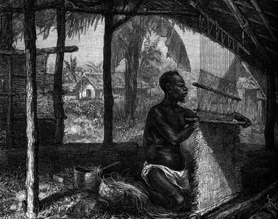 Human Zoo: Weaver from Gabon at the World Exhibition of 1889. Engraving in Le Journal de la Jeunesse by Unknown artist