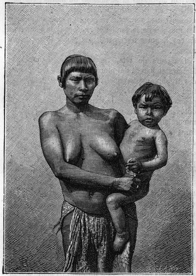 Human Zoo: young Galibi woman (Amerindian people) and her child at the Jardin d