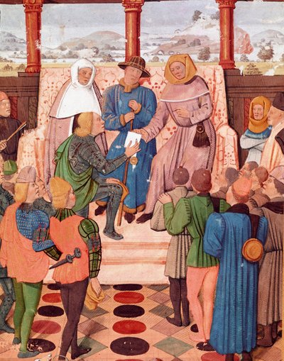 Charles VII presents a document to Joan of Arc. Miniature from the manuscript 