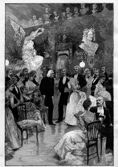 Hungarian composer and pianist Franz Liszt in Paris during a celebration in his honour in the workshop of sculptor Cyprian Godebski. Engraving in 