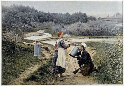 Hunter and girl at the fountain (Russia) - photography, late 19th century by Unknown artist