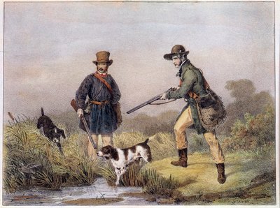 Hunters in the marshes. Prints of 19th century Gien, hunting museum by Unknown artist