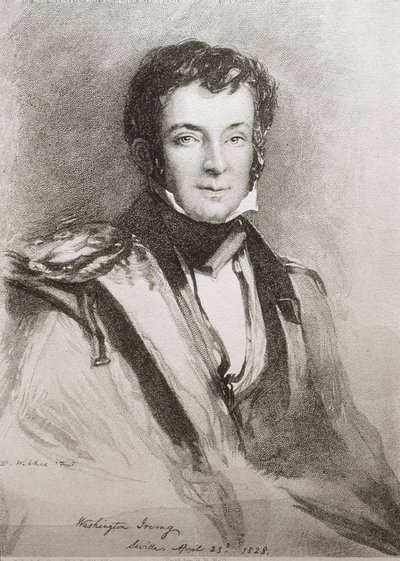 US novelist and historian Washington Irving. Portrait made in Sevilla (1828). Lithography by Unknown artist
