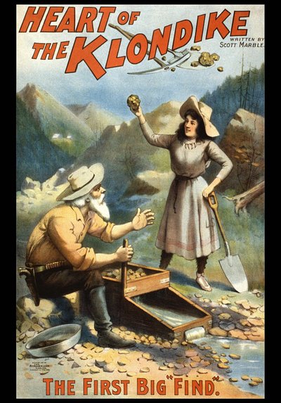 Illustration depicting a gold seeker in the Klondike. The heart of the Klondike by S. Marble. Poster from the end of the 19th century by Unknown artist