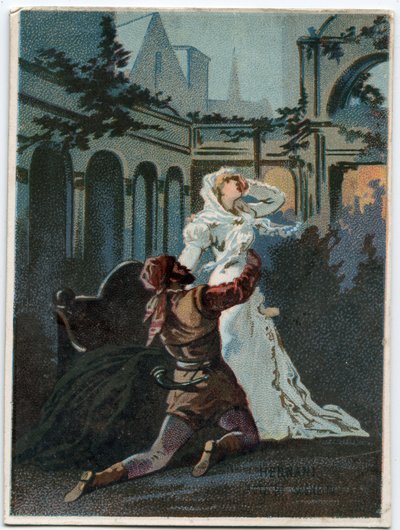 Illustration of Ernani by Italian composer Giuseppe Verdi, act 2, scene IV opera created in 1844 after the tragedy Hernani by Victor Hugo. Chromolithography of the late 19th century. by Unknown artist