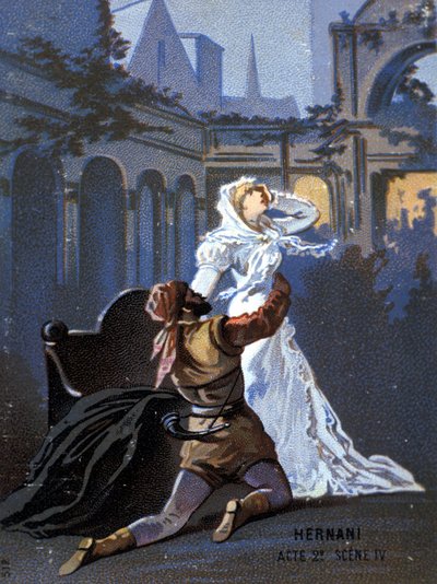 Illustration of “Ernani” by Italian composer Giuseppe Verdi, act II, scene 4, opera created in 1844 after Victor Hugo