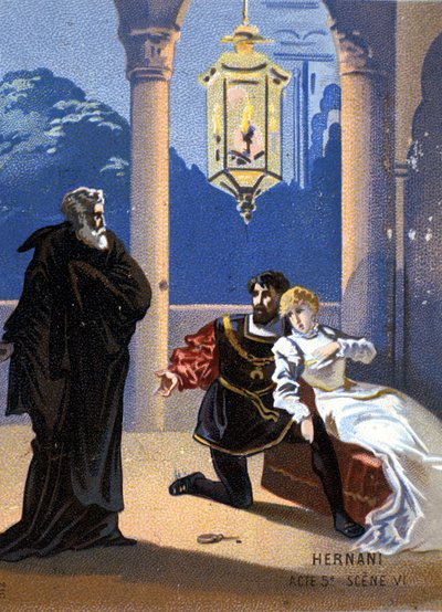 Illustration of “Ernani” by Italian composer Giuseppe Verdi (1813 - 1901), act V, scene 6, opera created in 1844 after Victor Hugo