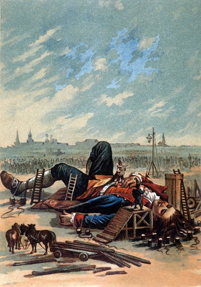 Illustration showing Lilliputians attaching Gulliver. Chromolithography, late 19th century by Unknown artist