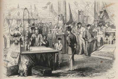 Imperial Prince Eugene Louis Joseph at the feast of Fontainebleau. He tries to decoify a puppet with the help of a ball hanging from a string. Engraving in 