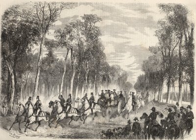 Imperial hunting in Compiegne in the presence of Napoleon III (1808-1873) and Empress Eugenie (1826-1920). Engraving in 