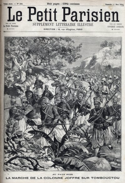 In the French colonies: the march of the column of General Joseph Joffre and his army of spahis on Timbuktu (Mali). Engraving in 