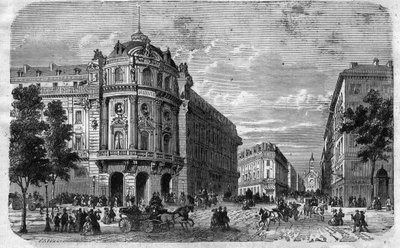 Inauguration of the new Theatre du Vaudeville in Paris, at the corner of Boulevard des Capucines and Chaussee d