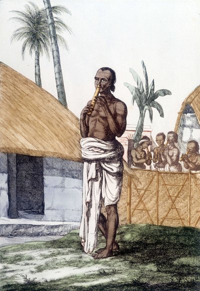 Indian culture and civilization: musician playing the bansuri flute, traditional musical instrument, India. Engraving 1808. by Unknown artist