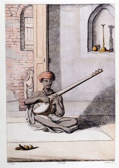 Indian culture and civilization: musician playing the sitar, traditional musical instrument, India. Engraving 1808 by Unknown artist