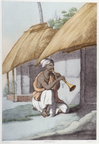 Indian culture, civilization and society: musician with traditional Indian flute. Engraving from 1808. by Unknown artist