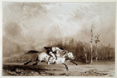 A horse galloping carrying a man tied up by Unknown artist