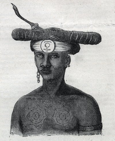 Indigenous people of New Guinea: inhabitant of the Arfaque Mountains. Engraving in 