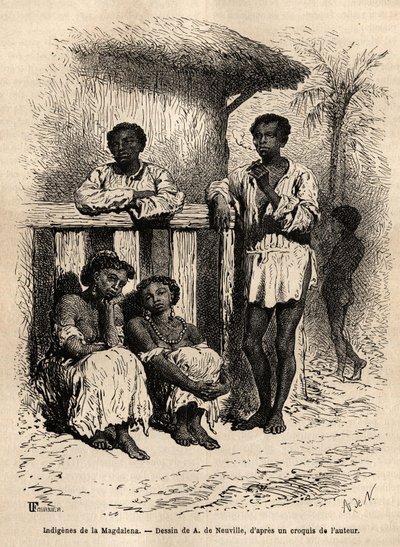 Indigenous people of the Magdalena, in the streets of the city of Mompox (Colombia). Engraving to illustrate the voyage to New Granada, by Dr. Saffray, in 1869, published in 