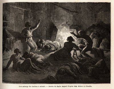 Inside a Caribou Inn (Canada), at midnight, intoxicated trappers and miners sing, then fall to the ground, or fall asleep in a blanket. Engraving to illustrate the voyage from the Atlantic to the Pacific (route du nord ouest par les terres), in 1862-1864 by Unknown artist