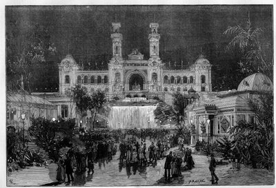 International Exhibition of Nice: the palace of the exhibition light with electric light. Engraving in Le Monde Illustré by Unknown artist