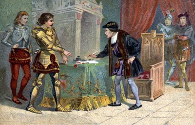 Interview of Louis XI (1423-1483), King of France and Charles the Bold, Duke of Burgundy, in Peronne in October 1468. Liebig chromolithography of the 19th century by Unknown artist