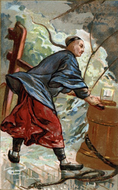 Invention of the Chinese compass: Chinese navigator using the compass on his boat. The first use of the compass as a navigational instrument on Chinese ships dates from the end of the 10th century. Chromolithography of the 19th century by Unknown artist