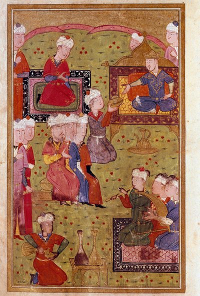 Islamic Art: banquet in the presence of the Sultan with musicians. Miniature of a 16th century manuscript by Unknown artist
