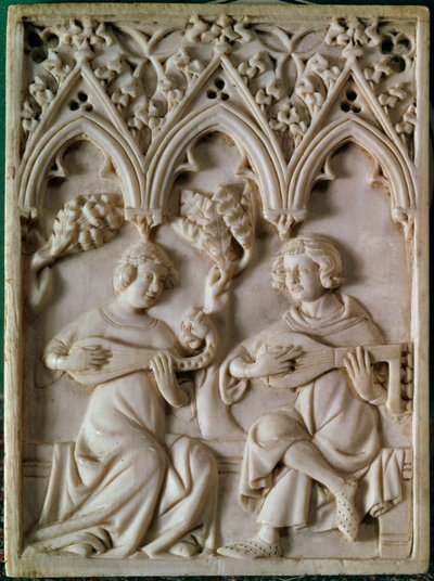 Ivory tablet representing two musicians by Unknown artist