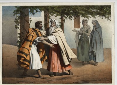 Jacob Fleeing the Vengeance of Esau His Brother Was Greeted by Laban. Anonymous Engraving of the 19th Century. by Unknown artist
