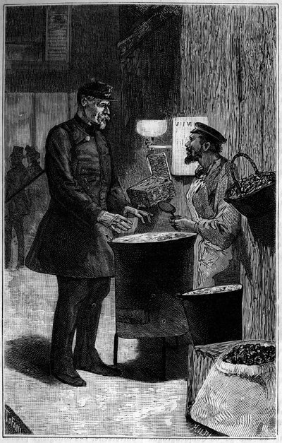 Jacques Gaudry at a chestnut merchant. Engraving in 