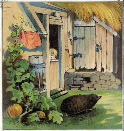 Jacques observes a hedgehog crossing the courtyard of his house. Chromolithography from 