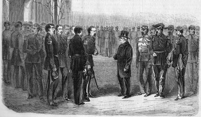 January 1873: Adolphe Thiers (1797-1877), French politician, President of the Republic accompanied by the Minister of War and General Hartung visits the Ecole Polytechnique. Engraving from 1873. by Unknown artist