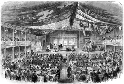 Japanese Theatre: dramatic presentation in Osaka. Engraving in “The Illustrious Universe” by Unknown artist