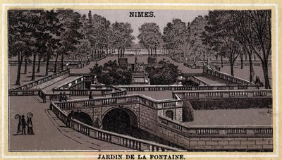 Jardin de la Fontaine in Nimes (Gard, Languedoc-Roussillon). Chromolithography of the late 19th century by Unknown artist
