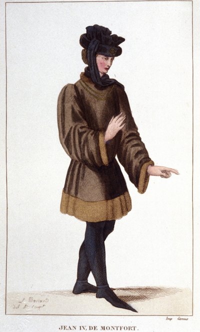 Jean de Montfort. In asserting his rights, he declared the War of the Succession of Brittany. Engraving from 1830 by Unknown artist