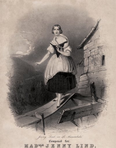Jenny Lind, Swedish soprano, in the sleepwalking scene of Bellini