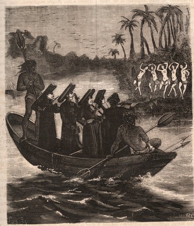 Jesuit missionaries arrive by boat among the Guarani Indians in Paraguay in 1553 - Engraving of 1879 in 