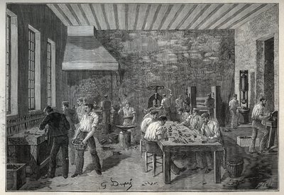 Jewellery: steel jewelry factory. Engraving from 1885 in 