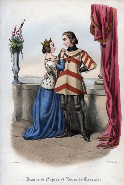 Joan I, Queen of Naples and Louis, Prince of Taranto. Engraving from 1842 in Histoire des popes by Maurice Lachatre. Private collection. by Unknown artist