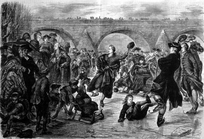 Johann Wolfgang von Goethe, German writer skating on the Main River in Frankfurt am Main. Engraving of the 19th century by Unknown artist