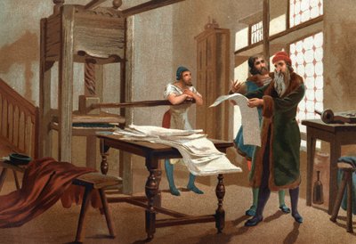 Portrait of Johannes Gutenberg (1400-1468), German printer, printing the first sheet of the Bible by Unknown artist