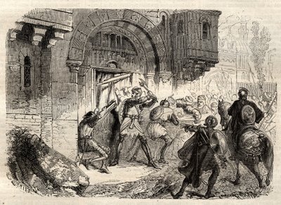 John II Comnenus, Byzantine emperor - The Emperor John II Comnene (1087-1143) at the head of the Greeks driving the door of his Palace in Constantinople - engraving in 